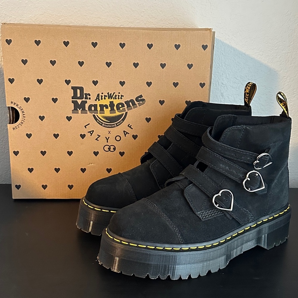 Dr Martens x Lazy Oaf Black Suede Heart Buckle Boot Lo RARE Women’s 11